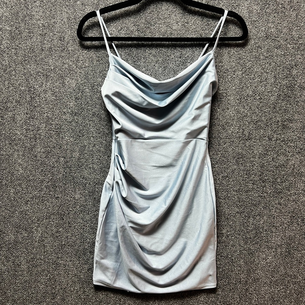 Windsor Light Blue Cowl Neck Ruched Mini Dress NWT Small Homecoming Bodycon